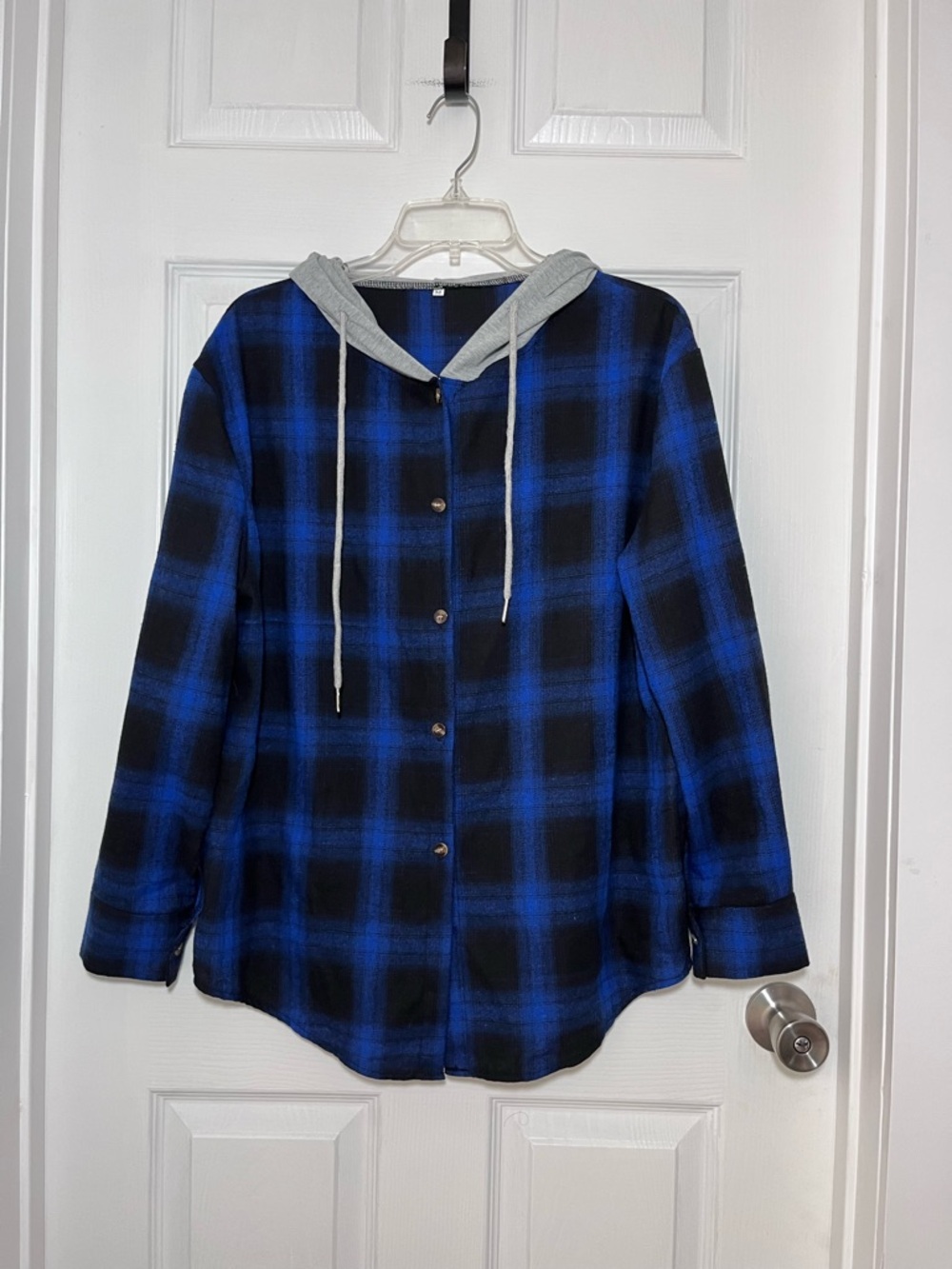Royal Blue and Black Plaid Hooded Button-Up Lightweight Flannel Shirt Jacket
